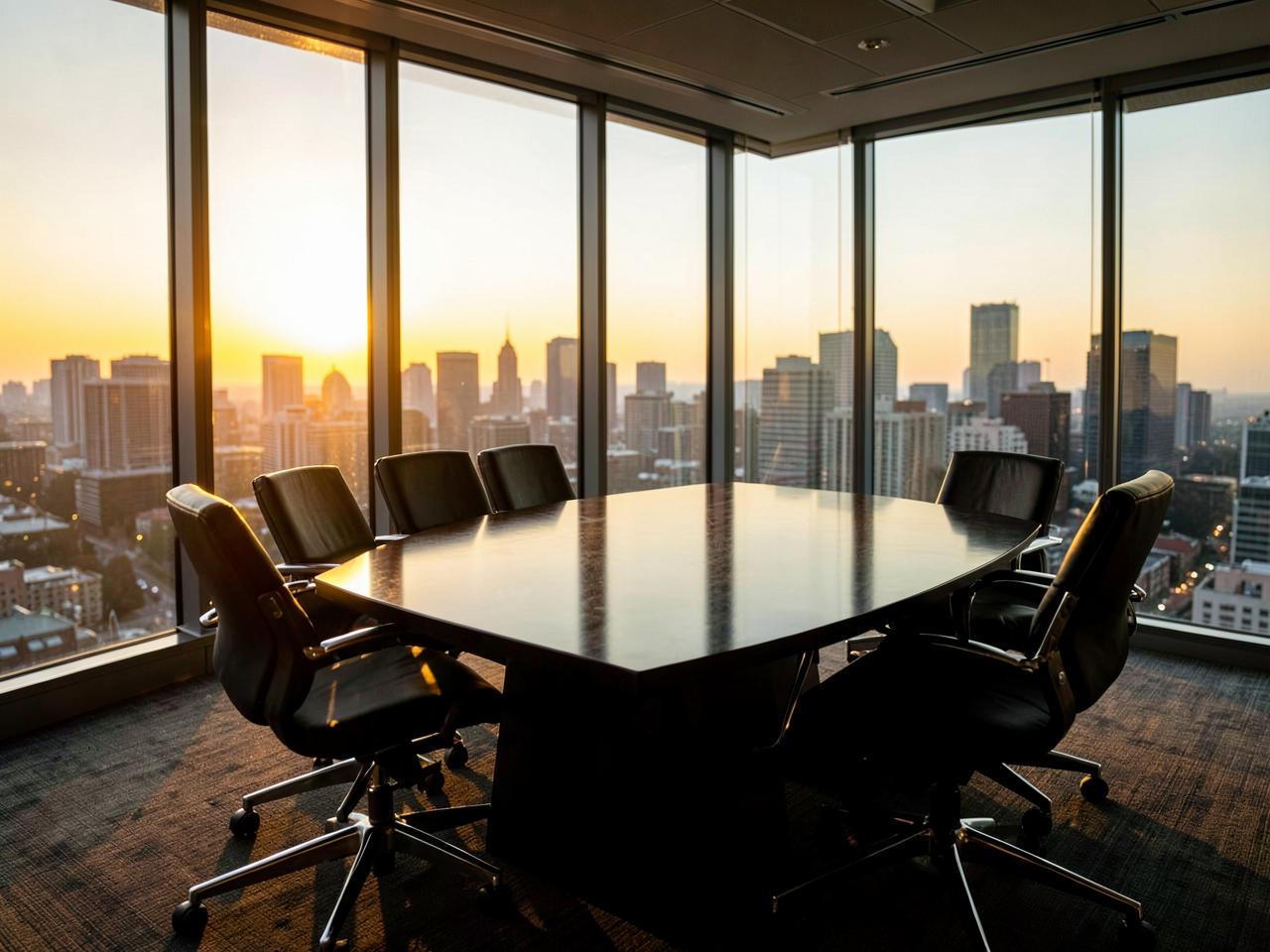 Sala de conselho com vista para a cidade ao entardecer